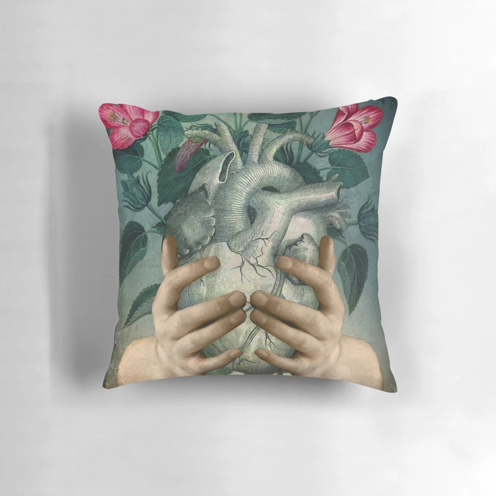 Soft, green heart-shaped pillow made from sustainable materials