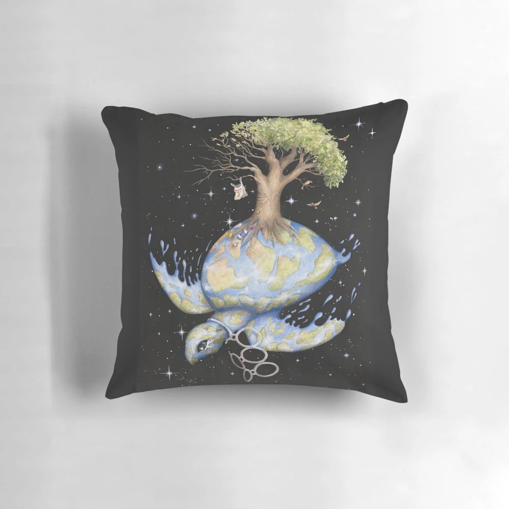 Watercolor painting of an endangered sea turtle on a decorative throw pillow with a message about climate change and environmental protection.