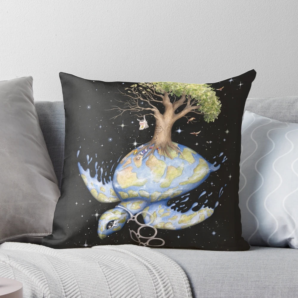 Watercolor painting of an endangered sea turtle on a decorative throw pillow with a message about climate change and environmental protection.
