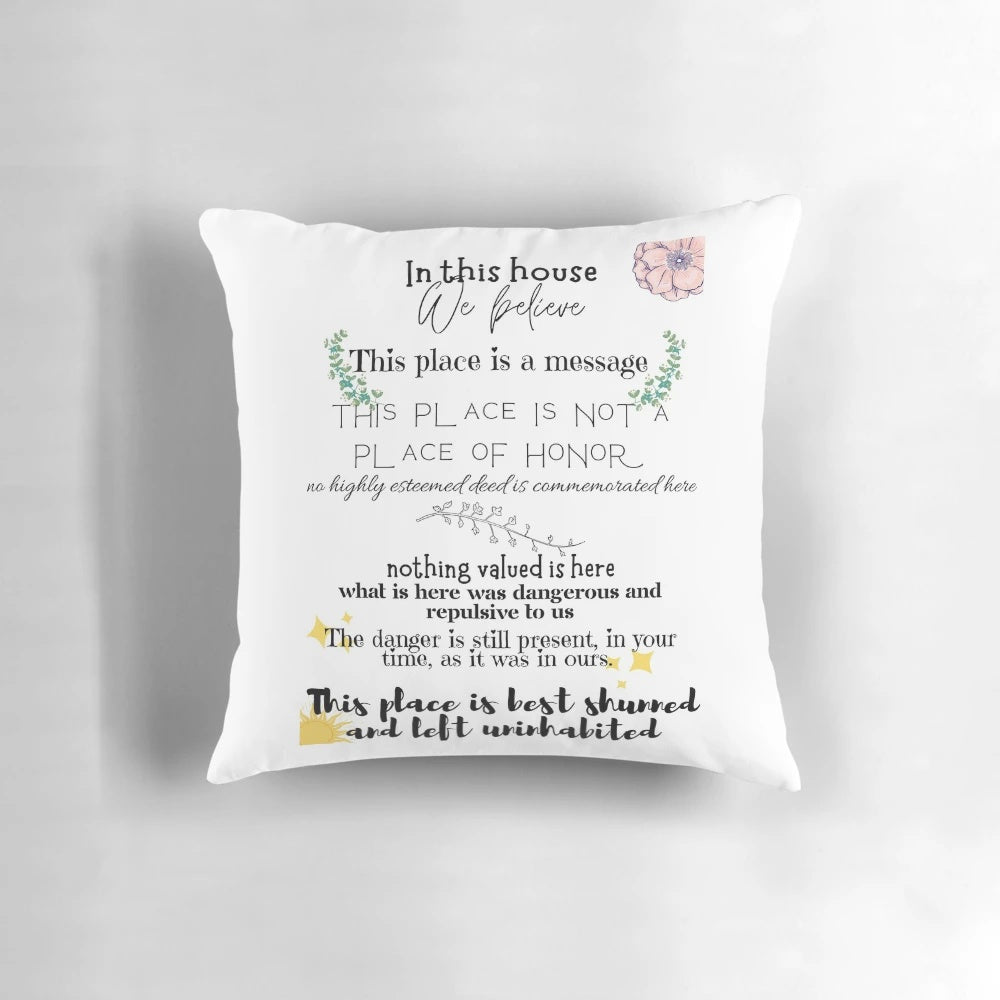Decorative pillow featuring long-time nuclear waste warning messages for sustainable home decor