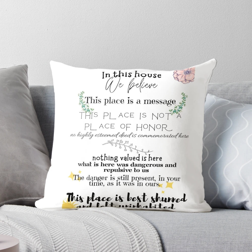 Decorative pillow featuring long-time nuclear waste warning messages for sustainable home decor