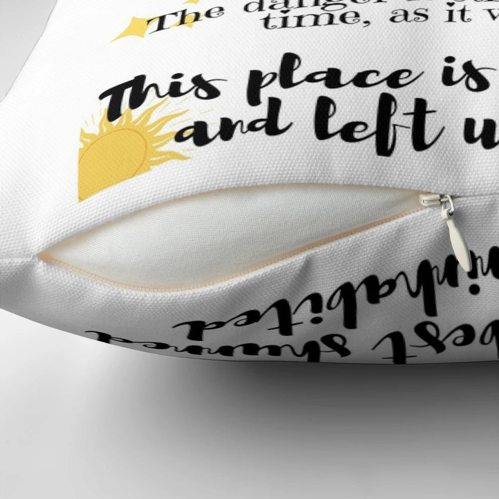 Decorative pillow featuring long-time nuclear waste warning messages for sustainable home decor