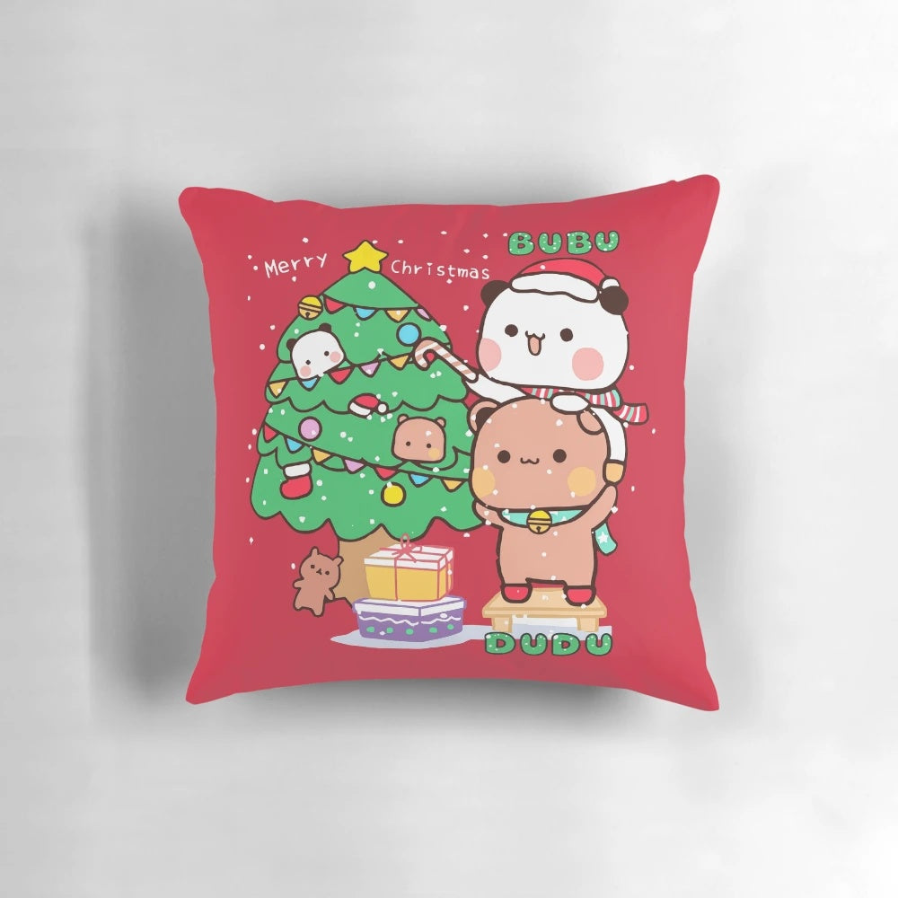 Cute and cuddly panda couple in a Bubu Dudu-inspired Christmas scene.