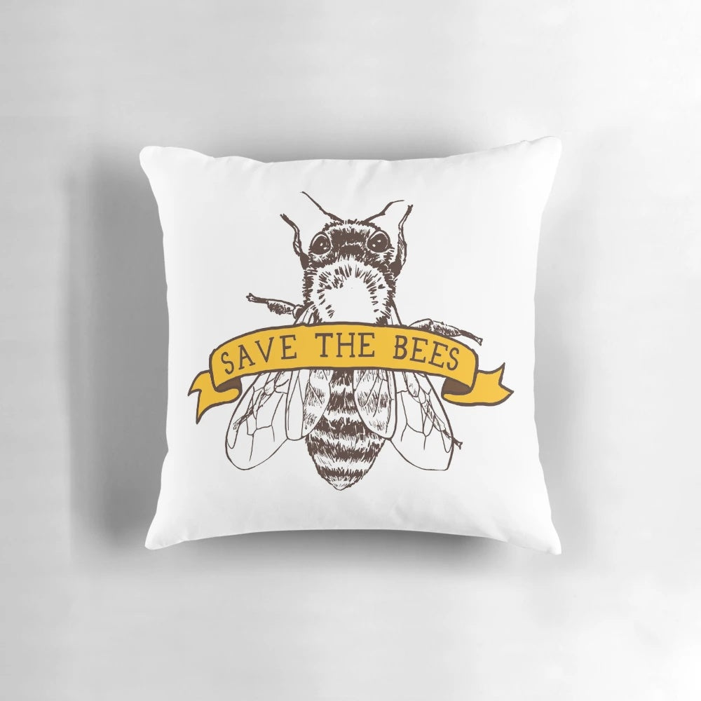 A beautiful vegan pillow with a "Save the Bees" design, promoting animal welfare and environmental protection.
