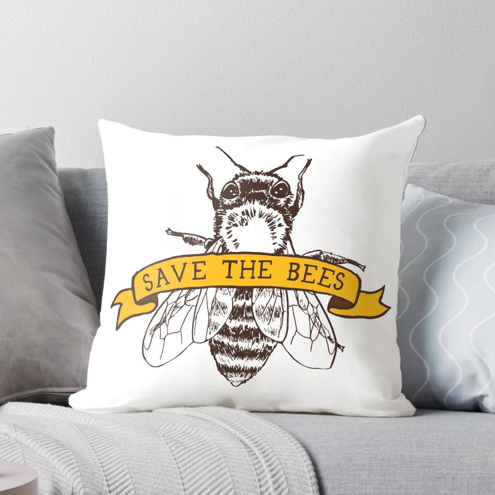 A beautiful vegan pillow with a "Save the Bees" design, promoting animal welfare and environmental protection.