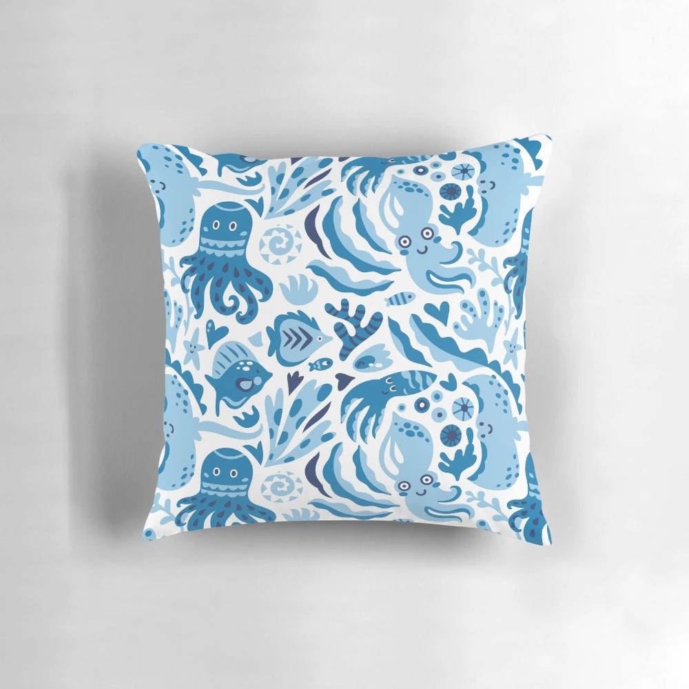Circular ocean-themed pillow with a simple, minimalist design to help save the environment
