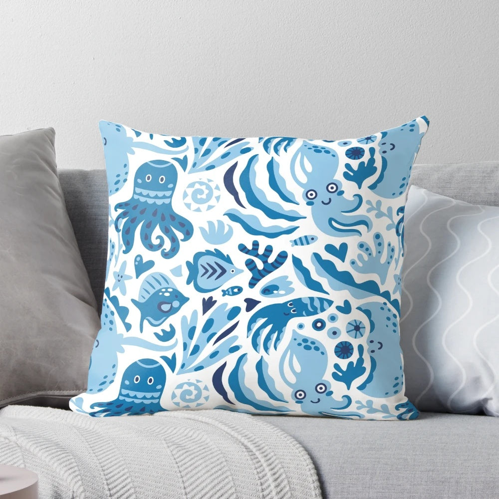 Circular ocean-themed pillow with a simple, minimalist design to help save the environment
