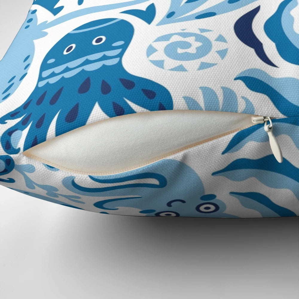 Circular ocean-themed pillow with a simple, minimalist design to help save the environment