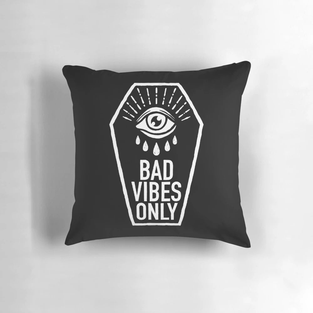 Black and white 'Bad Vibes Only' pillow with gothic and geometric design