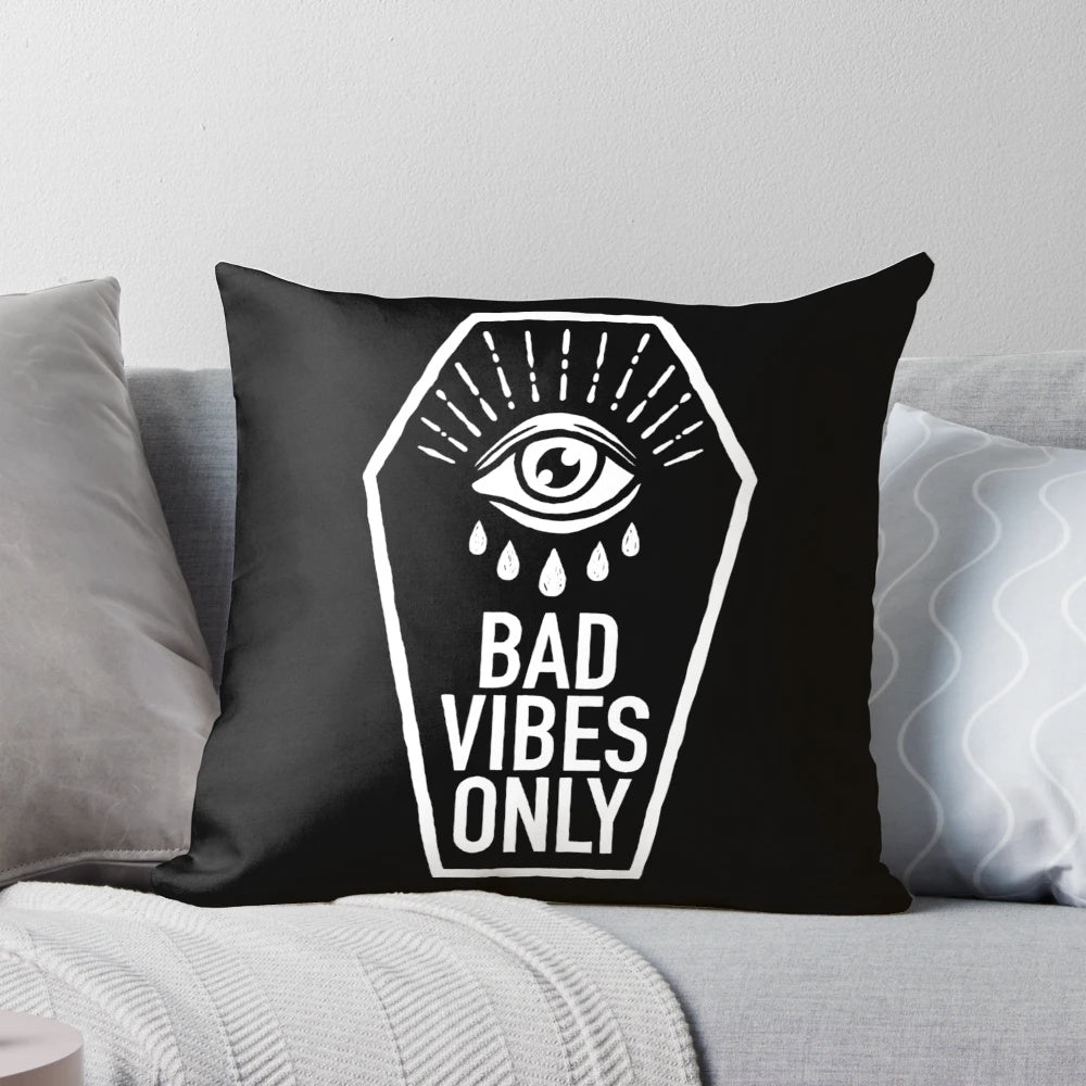 Black and white 'Bad Vibes Only' pillow with gothic and geometric design