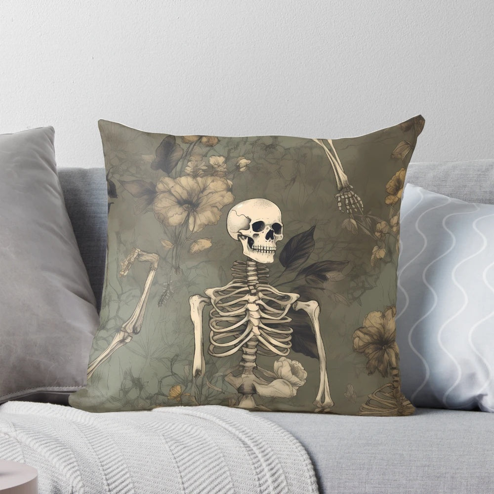 Edgy gothic-style skeleton throw pillow for unique home decor