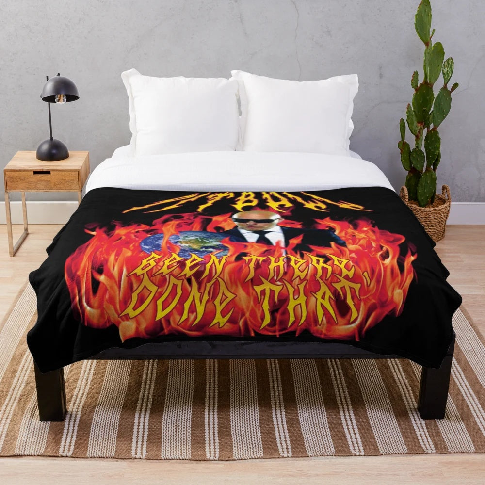 Pitbull-inspired heavy metal plush blanket with flames