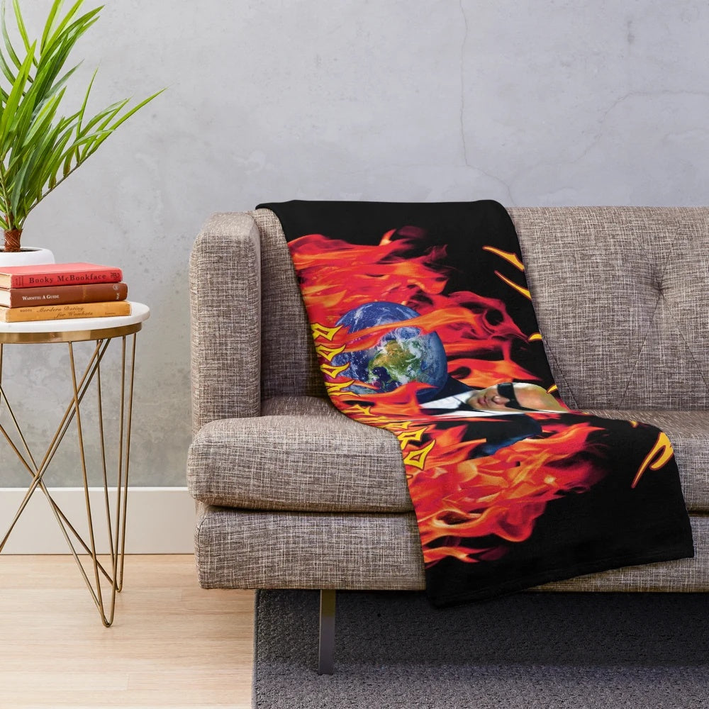 Pitbull-inspired heavy metal plush blanket with flames