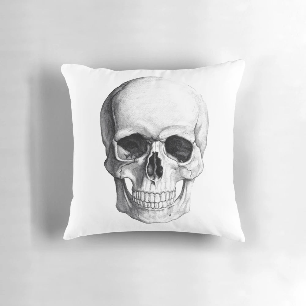 Skull-themed throw pillow with a pencil sketch design, perfect for grunge and rock enthusiasts