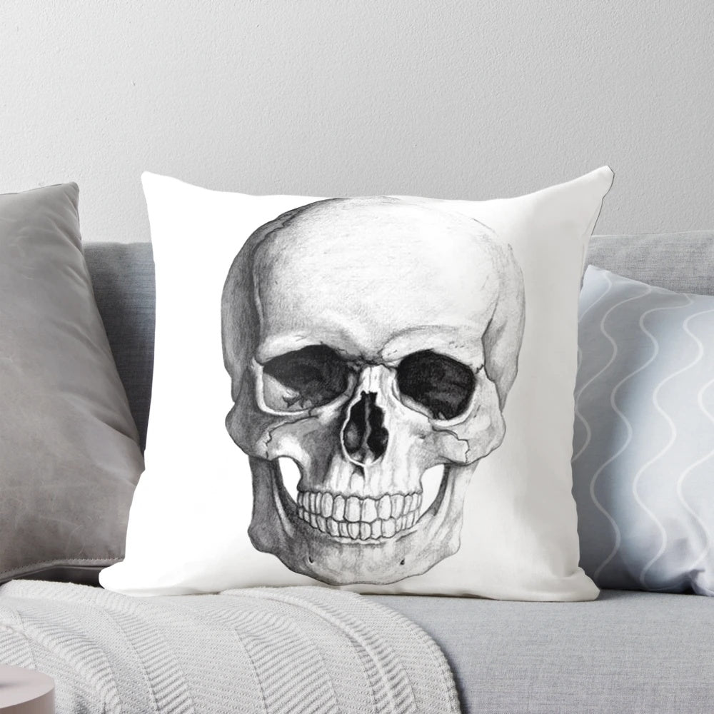 Skull-themed throw pillow with a pencil sketch design, perfect for grunge and rock enthusiasts