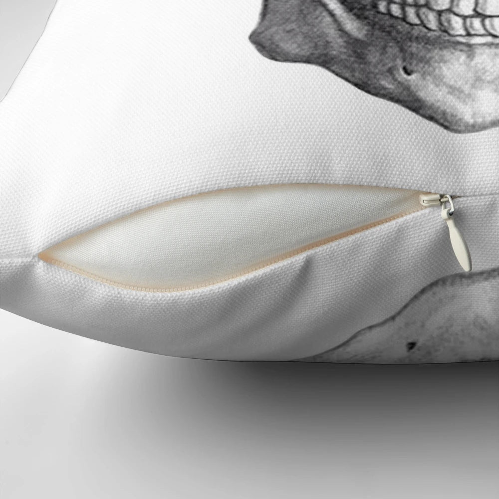 Skull-themed throw pillow with a pencil sketch design, perfect for grunge and rock enthusiasts