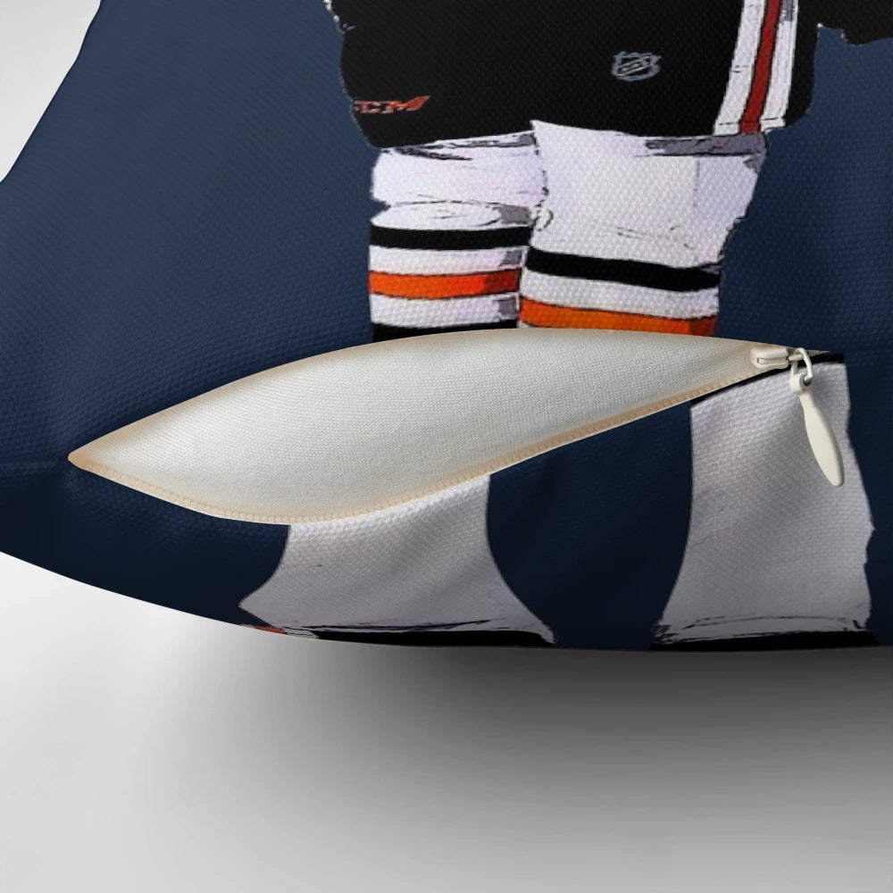 Edmonton Oilers hockey-themed pillow with images of players Connor McDavid and Leon Draisaitl
