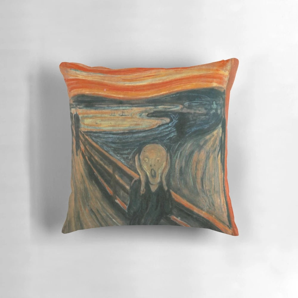 Edvard Munch's The Scream art printed on a decorative pillow for aesthetic home decor.