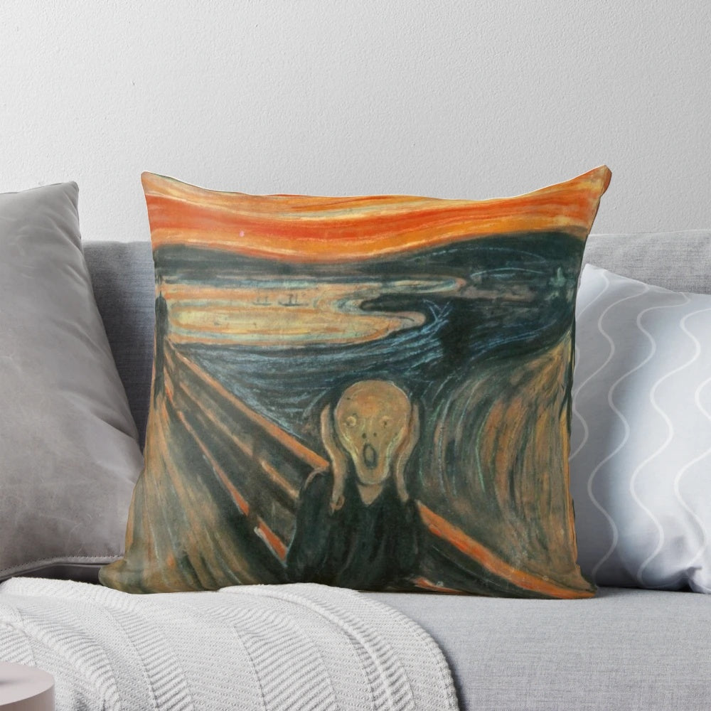 Edvard Munch's The Scream art printed on a decorative pillow for aesthetic home decor.