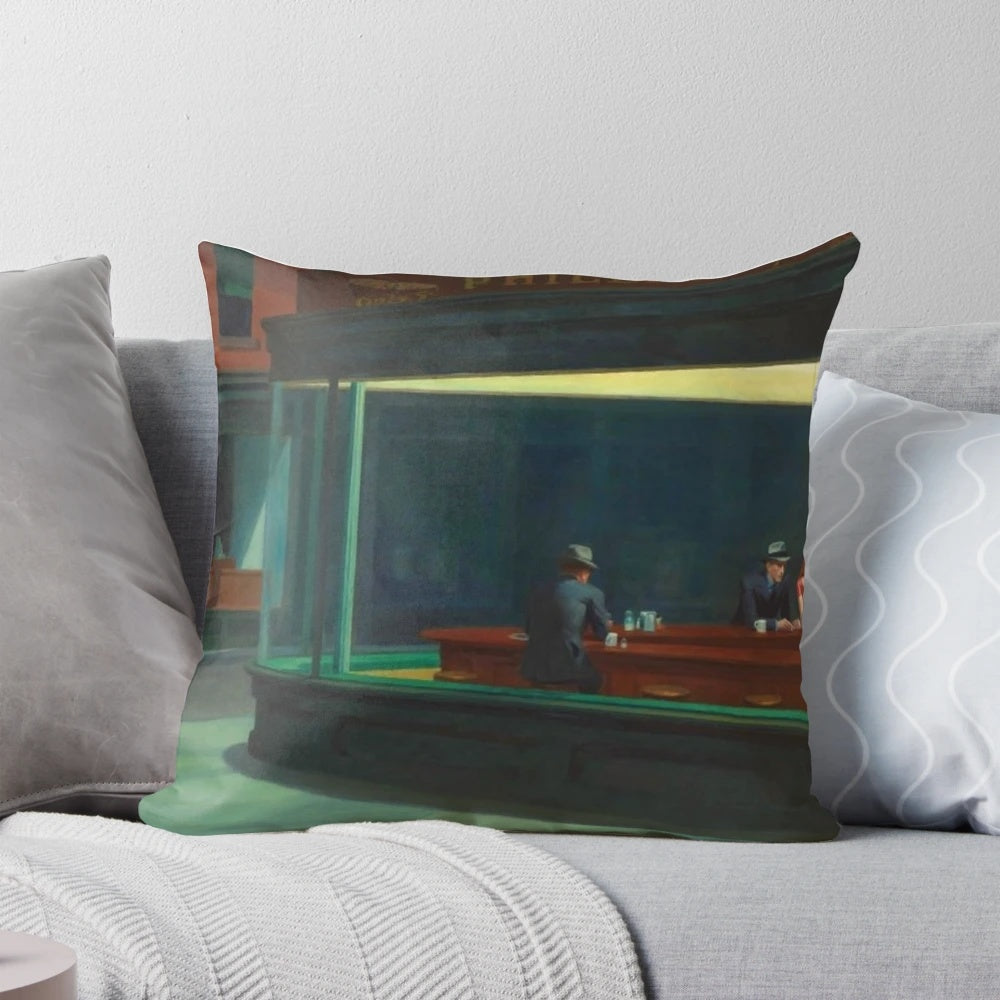 Edward Hopper's famous 'Nighthawks' painting printed on a decorative throw pillow