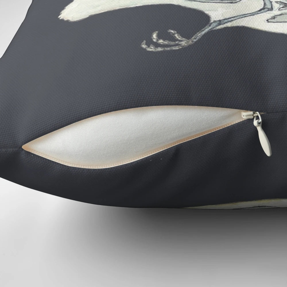 Detailed watercolor illustration of a bird skeleton or dove anatomy on a decorative throw pillow.