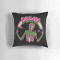A colorful, retro-style pillow featuring a decaying skeleton design, perfect for adding a touch of horror-themed whimsy to your home.