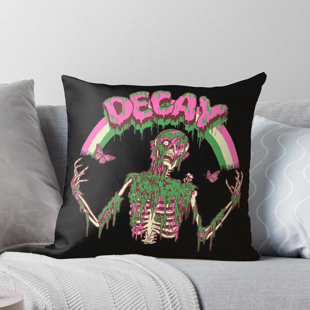 A colorful, retro-style pillow featuring a decaying skeleton design, perfect for adding a touch of horror-themed whimsy to your home.