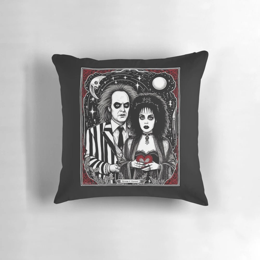 Strange and unusual gothic-inspired pillow with dark, creepy designs