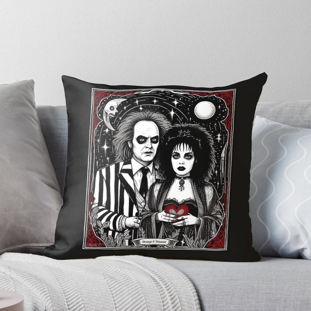 Strange and unusual gothic-inspired pillow with dark, creepy designs