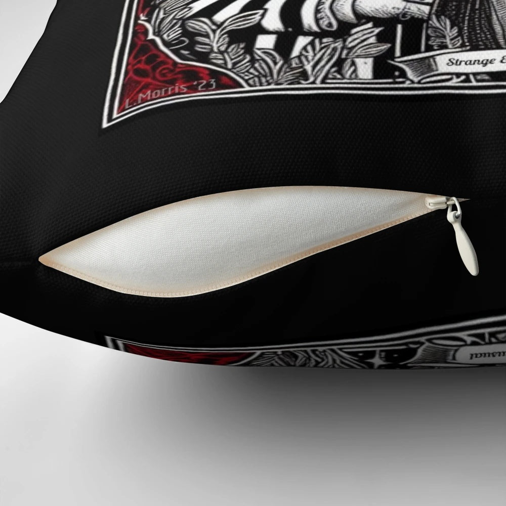 Strange and unusual gothic-inspired pillow with dark, creepy designs