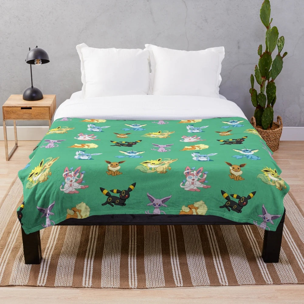 Eeveelutions themed plush blanket featuring different Eeveelution designs