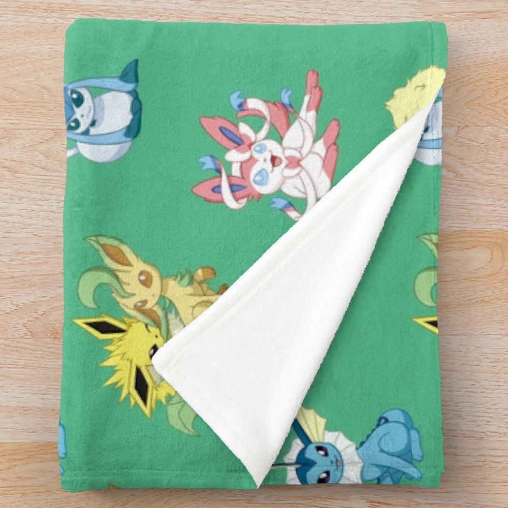 Eeveelutions themed plush blanket featuring different Eeveelution designs