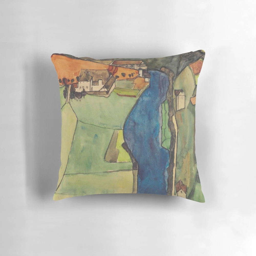 Vibrant pillow featuring an original painting by the acclaimed Austrian Expressionist artist Egon Schiele.