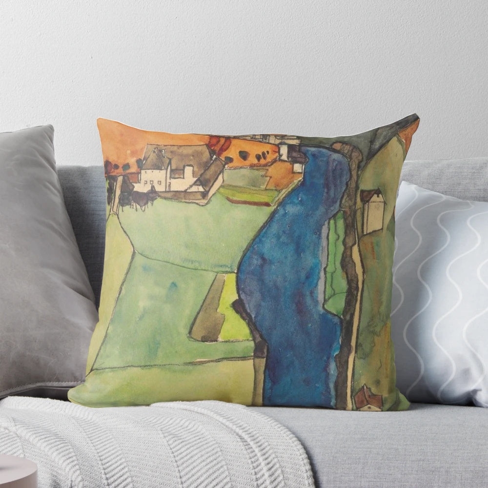 Vibrant pillow featuring an original painting by the acclaimed Austrian Expressionist artist Egon Schiele.