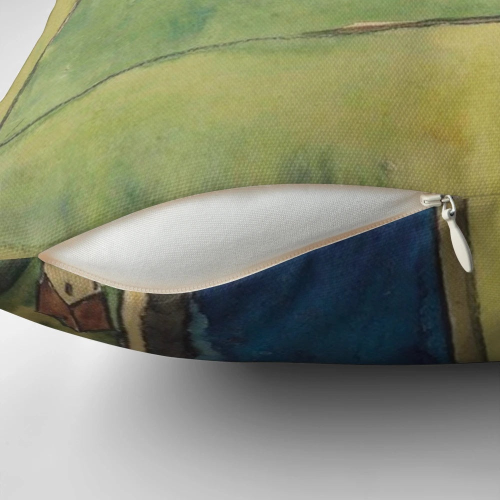 Vibrant pillow featuring an original painting by the acclaimed Austrian Expressionist artist Egon Schiele.