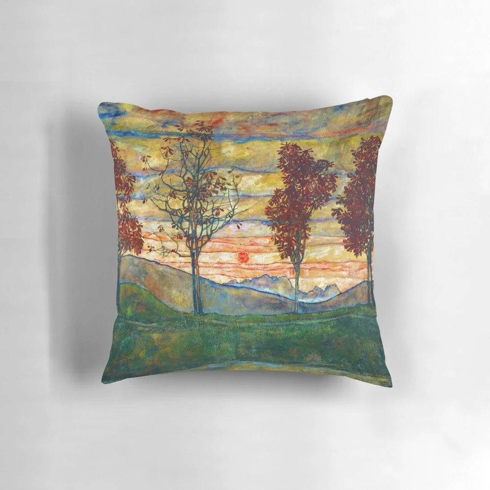 Pillow featuring Egon Schiele's 1917 expressionist painting "Four Trees