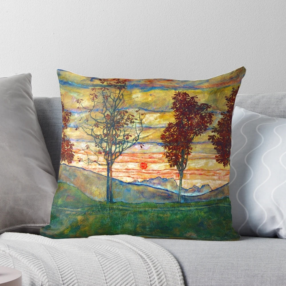 Pillow featuring Egon Schiele's 1917 expressionist painting "Four Trees