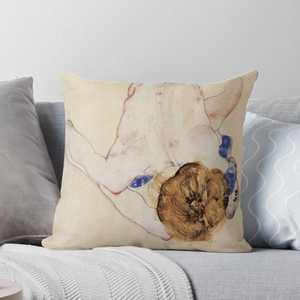 Egon Schiele's 1910 "Portrait of a Woman" expressionist painting featured on a high-quality pillow.