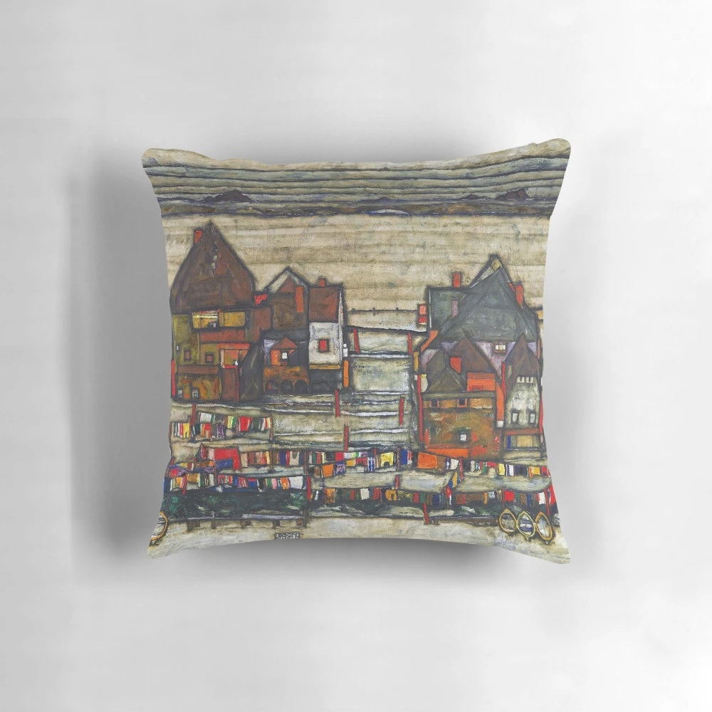 Premium pillow featuring Egon Schiele's 1914 painting "HD Houses with Laundry
