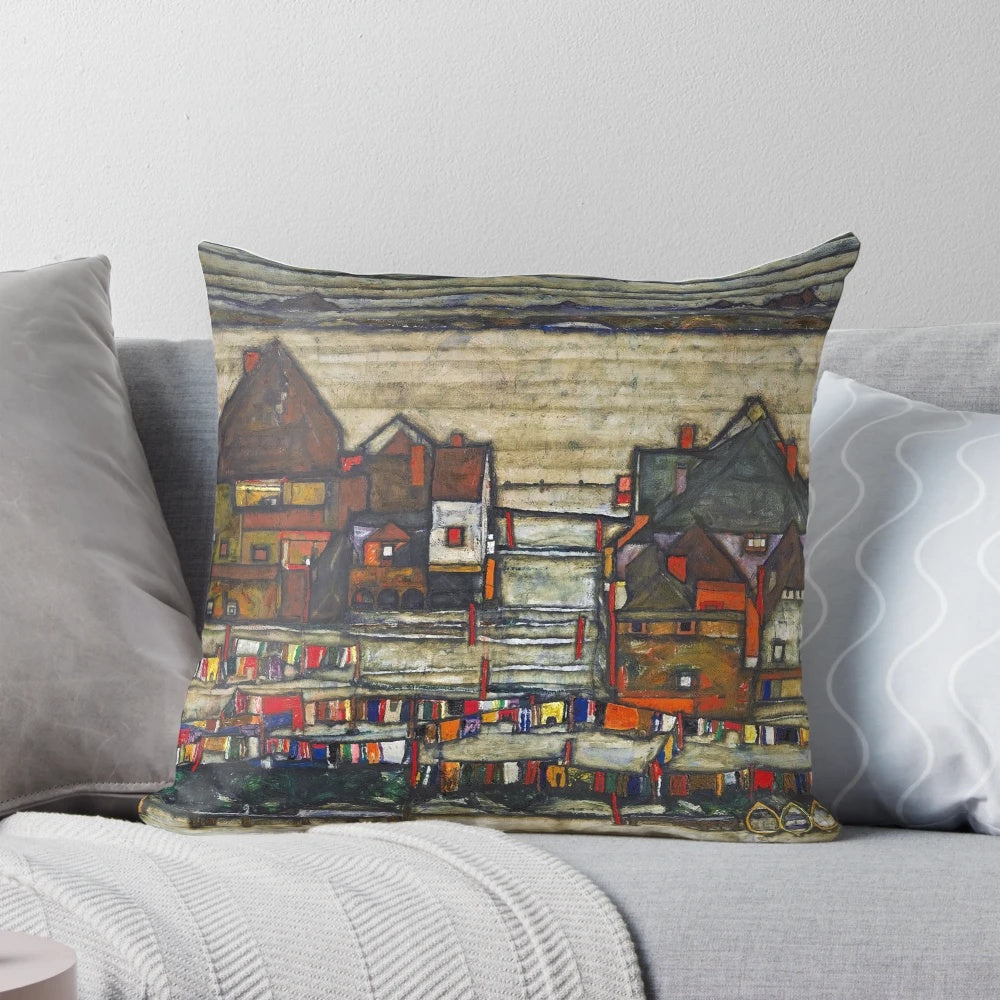 Premium pillow featuring Egon Schiele's 1914 painting "HD Houses with Laundry