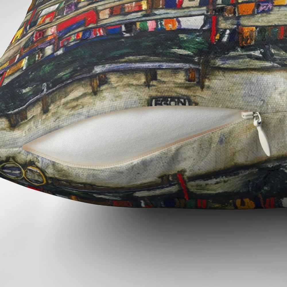 Premium pillow featuring Egon Schiele's 1914 painting "HD Houses with Laundry