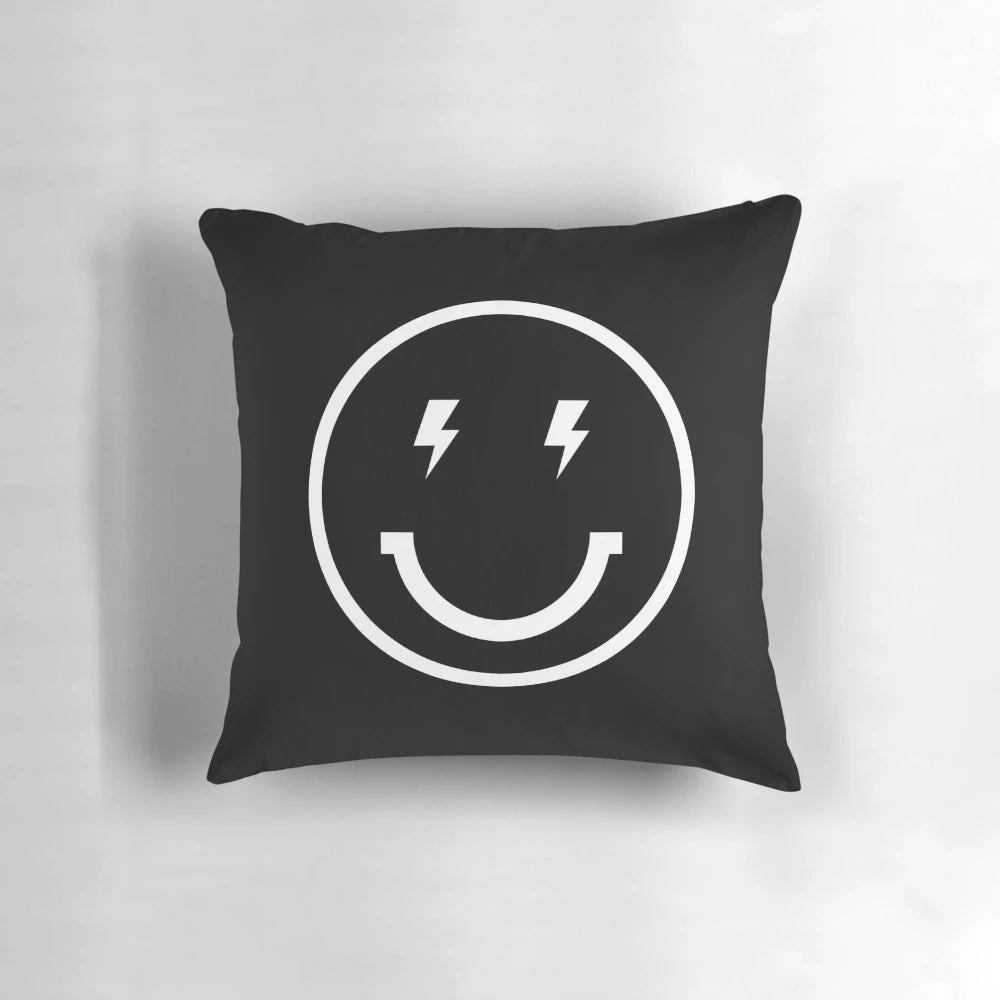 Vibrant lightning bolt smiley pillow for a fun, energetic touch in any room.