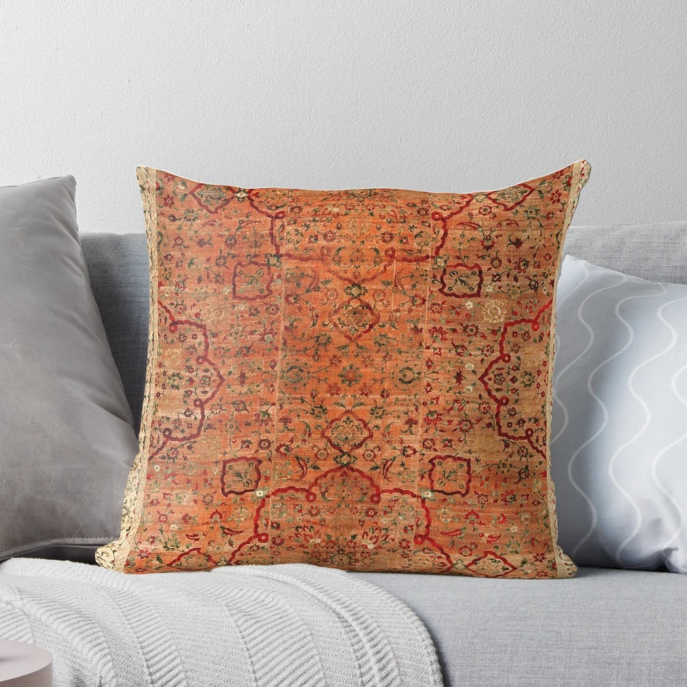 17th century velvet and silk carpet print pillow with floral pattern in red and green