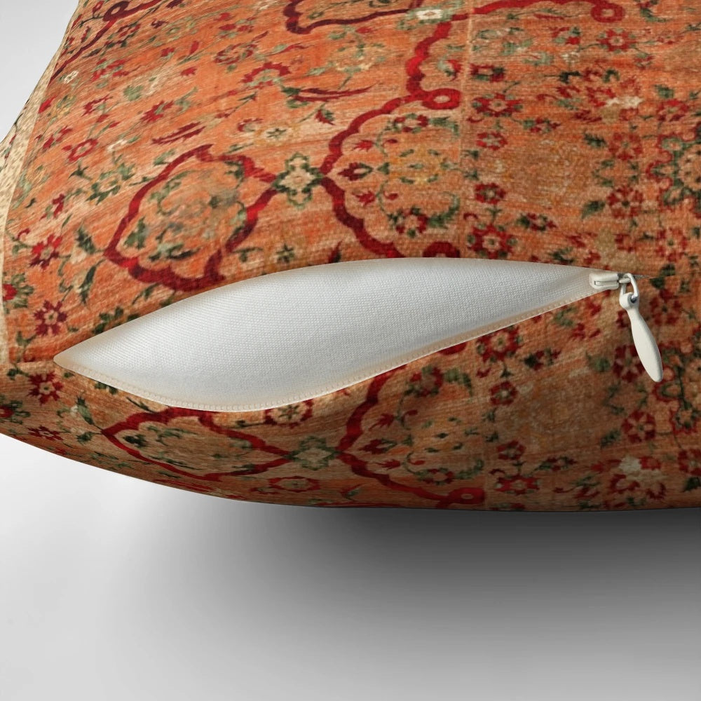 17th century velvet and silk carpet print pillow with floral pattern in red and green