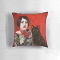 Vintage-inspired pillow featuring a woman and her black cat in a 1920s style