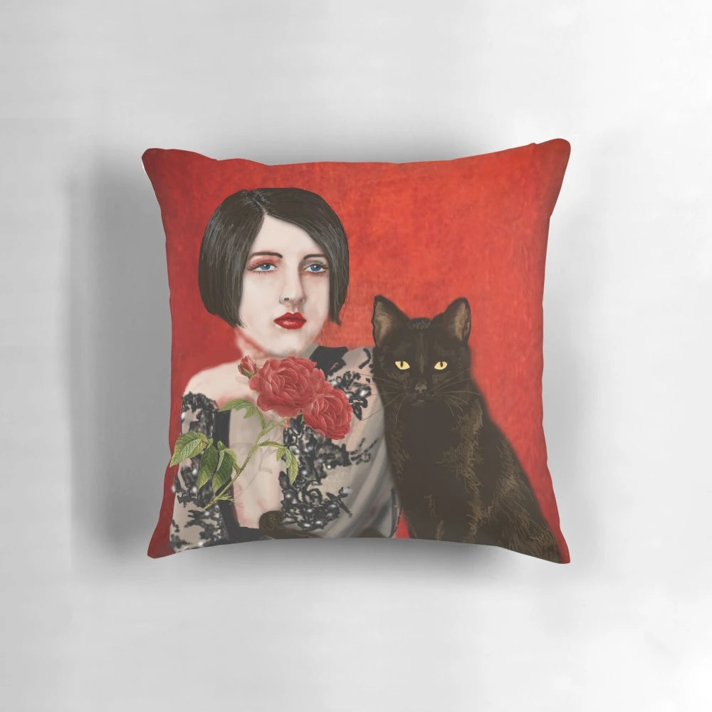 Vintage-inspired pillow featuring a woman and her black cat in a 1920s style