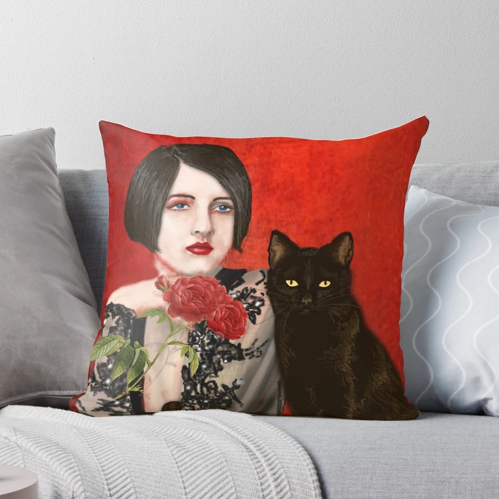 Vintage-inspired pillow featuring a woman and her black cat in a 1920s style