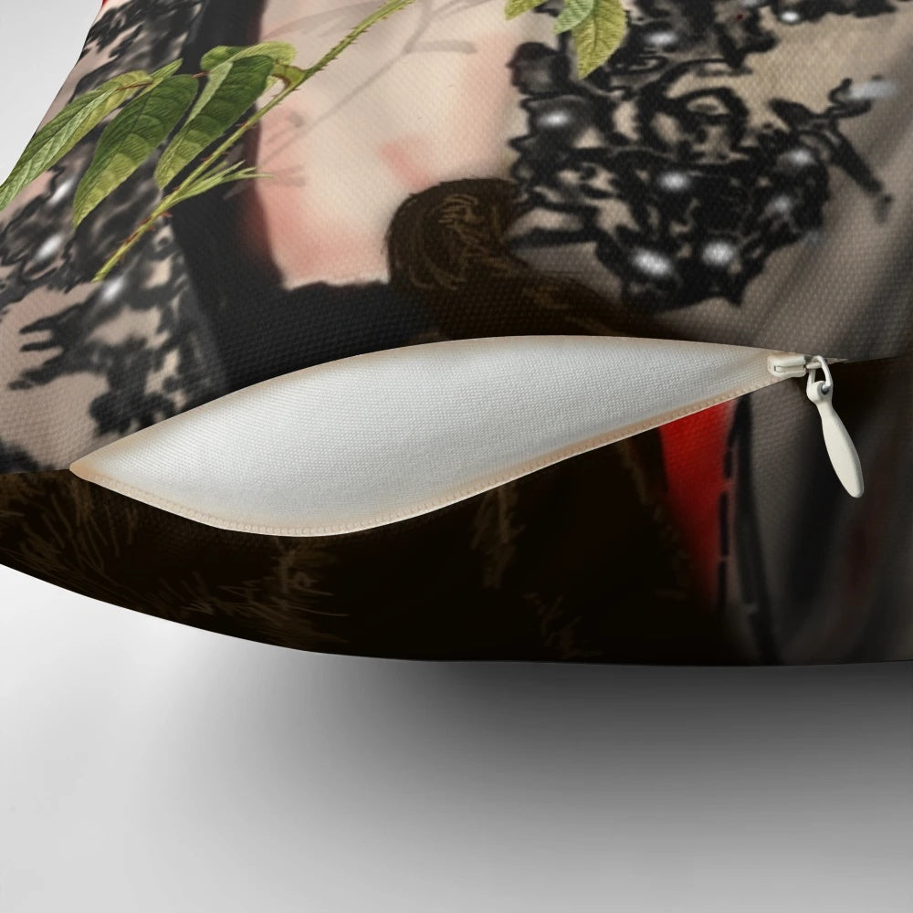 Vintage-inspired pillow featuring a woman and her black cat in a 1920s style