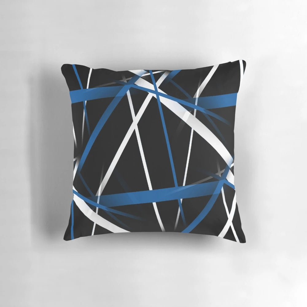 Seamless abstract blue and white lines pattern on black background decorative pillow