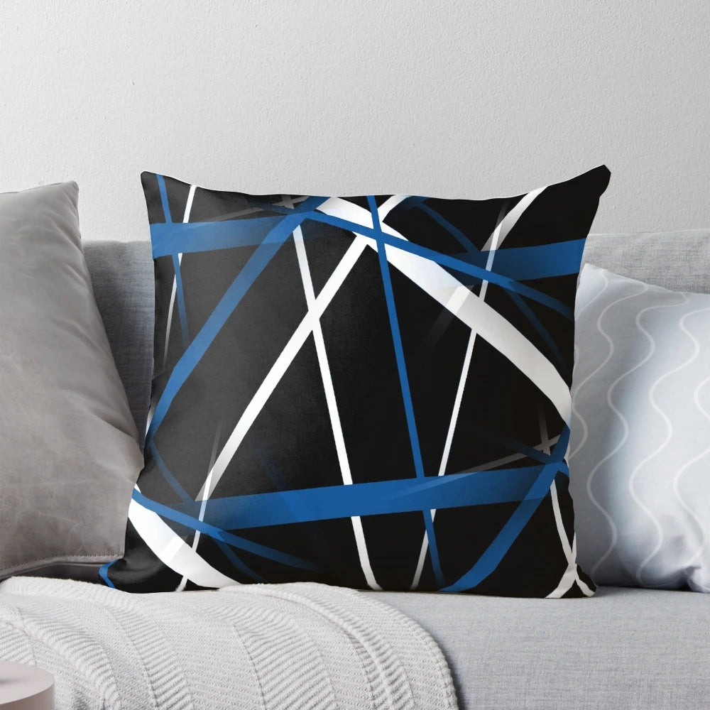 Seamless abstract blue and white lines pattern on black background decorative pillow